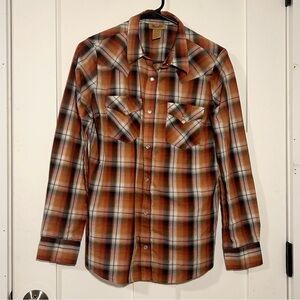 Wrangler western pearl snap shirt - orange/brown plaid, size S - women’s
